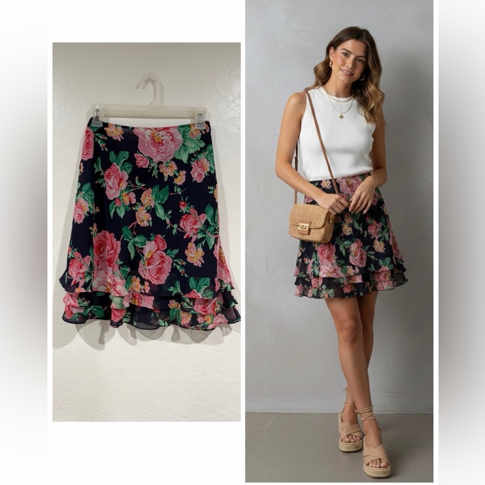 Lauren Ralph Lauren Navy Petite Floral 100% Silk Mini Skirt size 2P